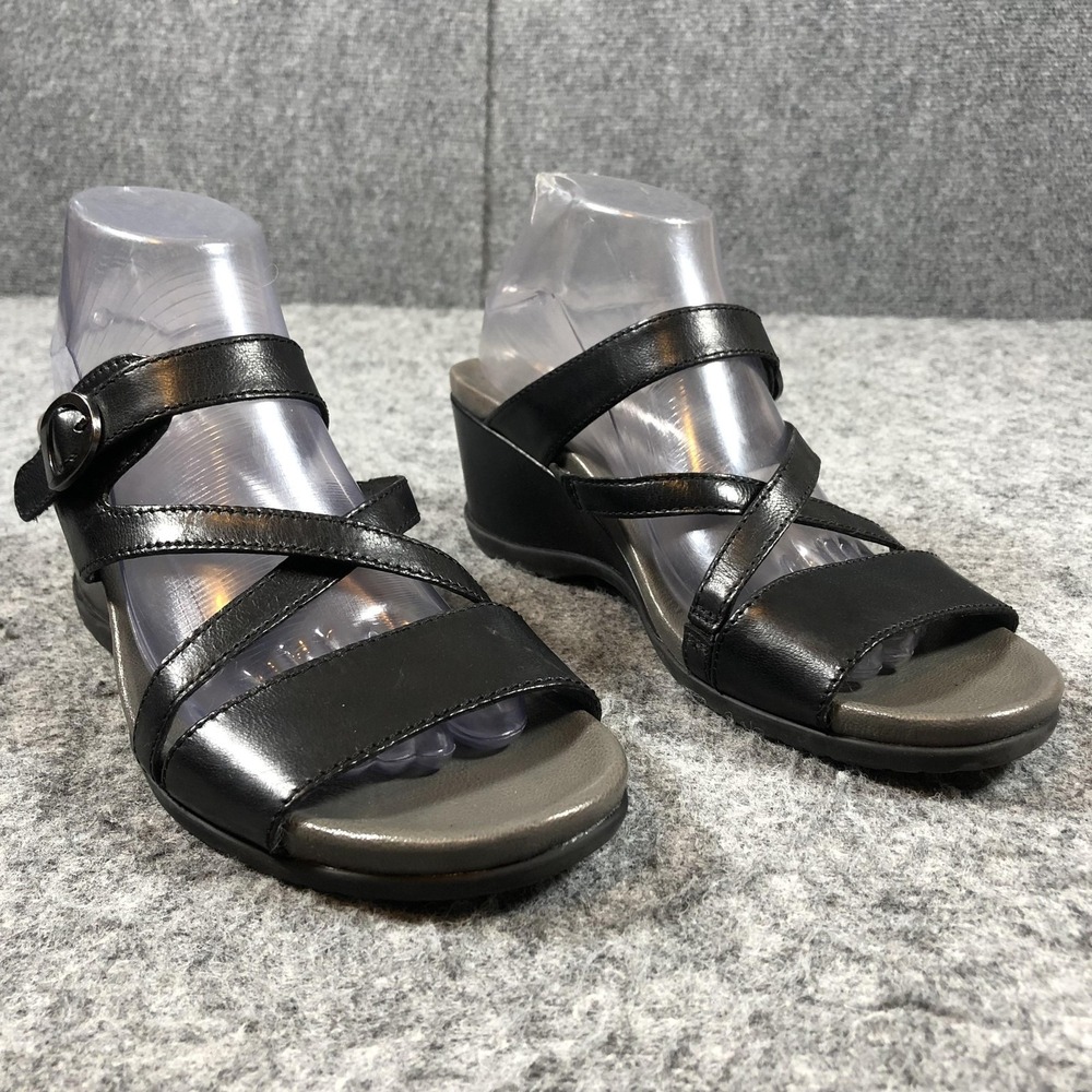 Dansko Sandals Womens Size 9.5-10 Black Leather Strappy Wedge Buckle Comfort
